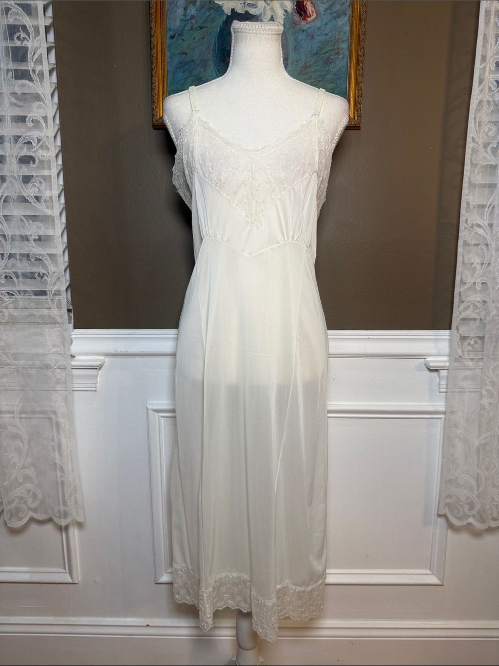 Vintage Ivory Nylon Lace Slip Dress Size 36 Bridal Cottagecore Lingerie
